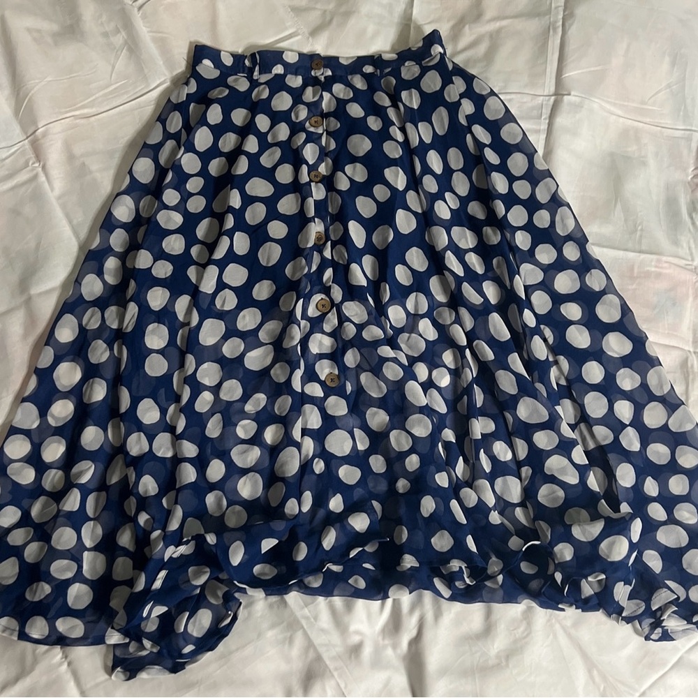 Truly 4 You Womens Long Navy Blue Polka Dot Skirt  Medium with belt loop